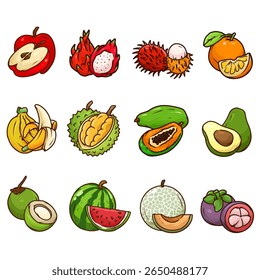 TROPICAL FRUIT VECTOR SET – 12 ICONIC FRUITS: APPLE, DRAGON FRUIT, RAMBUTAN, ORANGE, WATERMELON, MELON, PAPAYA, MANGOSTEEN, AVOCADO, COCONUT, BANANA AND DURIAN – BOLD, CLEAN, READY TO USE!