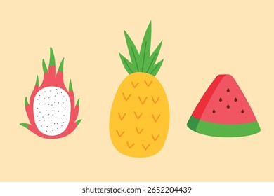 fatia de melancia de frutas tropicais, abacaxi bonito desenhado à mão, projeto liso de fruta de dragão, ilustração orgânica de pitahaya