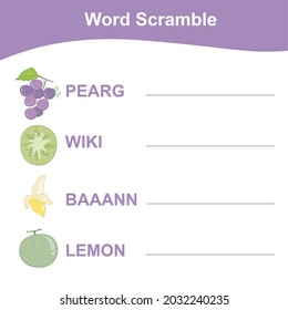Tropical Fruit Word Scramble for Preschool. Tropical fruit worksheet. Educational activity. Preschool Education. Early education materials. Vector illustration.