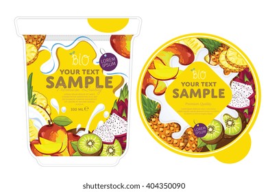 Tropical fruit yogurt package design with yogurt splash isolated on white background. Packaging design template of fruit yogurt container. Tropical fruit yogurt cup design layout.