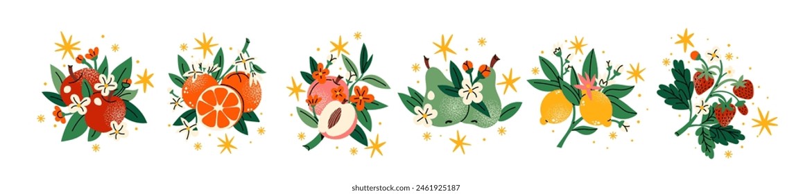 Tropical fruits abstract composition. Apple, lemon, orange, peach, pear. Cartoon illustration of fruit mix, harvest in hand drawn doodle retro style