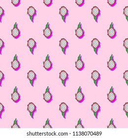 Tropical fruits background. Seamless pattern with sweet pitahaya on light pink fond