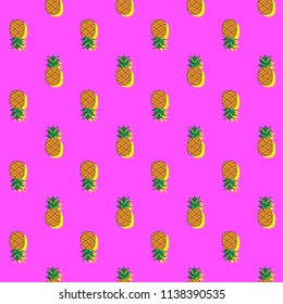 Tropical fruits background. Seamless pattern with pineapple on fuchsia fond
