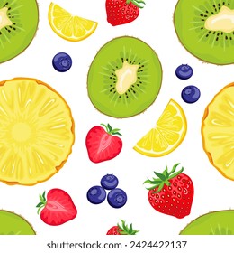 Tropical fruits background. Seamless pattern with berry, slices of pineapple, lemon and kiwi. Vector cartoon illustration of healthy food.