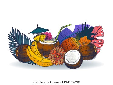 tropical fruits, bananas coconuts, pineapple, hand drawing, vector illustration isolated on white background