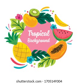 Tropical Fruits Banner Template with Fresh Sweet Ripe Exotic Fruit