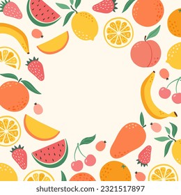 Tropical fruits and berries frame. Fresh exotic fruit  border template with copy space for text. Summer design for invitation, poster, card, flyer, banner.