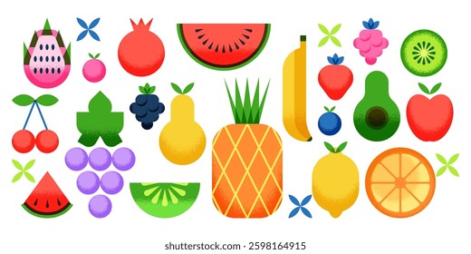 Tropical fruits and berries vector flat geometric illustration. Food design elements isolated on white background. Pineapple, watermelon, grape, avocado, strawberry icons