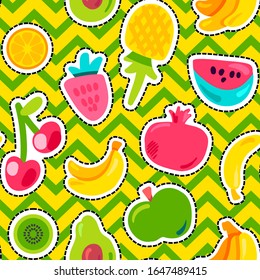 Tropical fruits, berries vector seamless pattern. Outlined exotic sliced fruits wallpaper design
