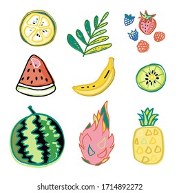 Tropical fruits and berry clipart set. Isolated on white background.