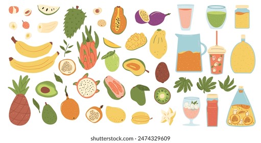 Tropical fruits and beverage isolated on white background. Set of exotic sweet dessert and fresh smoothie. Vector hand drawn flat collection illustration.