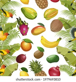 Tropical fruits and birds in the pattern.Parrots, leaves and tropical fruits on a white background in a vector pattern.