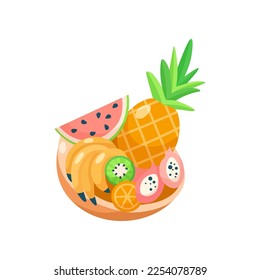 Tropical fruits in bowl as symbol of summer vector illustration. Cartoon drawing of summer element, pineapple, bananas, orange, watermelon isolated on white background. Summer, vacation, food concept