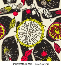 Tropical fruits, bright pattern design.