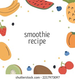 Tropical fruits in circle square card design with place for text. Different healthy food frame border. Summer berries and organic products. Exotic background template. Flat style vector illustration.