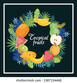 tropical fruits circular frame with leafs palms