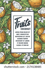 Tropical fruits, coconut and palm summer poster with space for text