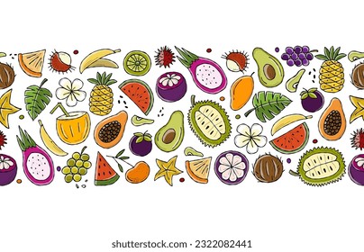 Tropical fruits collection. Horizontal Seamless pattern background for your design.