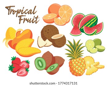 TROPICAL FRUITS COLLECTION VECTOR ART WITH MANGO, KIWI, WATERMELON, LEMON, ORANGE, STRABERRY, COCONUT AND PINEAPPLE