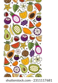 Tropical fruits collection. Vertical Seamless pattern background for your design.