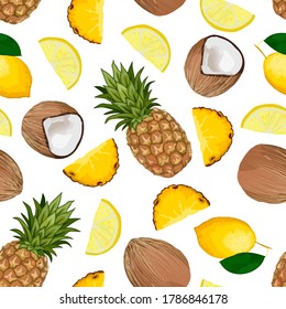 Tropical fruits in a colored pattern.Bright tropical fruits on a white background in a colored pattern.