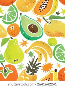 Tropical fruits colorful seamless pattern. Vector repeatable design of healthy eating tropical fruits on transparent BG.