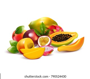 Tropical fruits composition with pitaya mango dragon fruit cut up and ripe with leaves in a bunch vector illustration