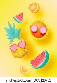 Tropical fruits in cute 3d art style and pastel color scheme background vector illustration