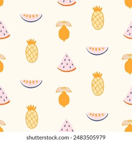 Tropical fruits cute summer seamless pattern. Hawaiian exotic background with hand drawn pineapple, watermelon, lemon. Vintage retro trendy texture, textile, fabric, sportswear vector illustration