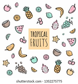 Tropical fruits. Doodle vegetable food. Vector illustration.