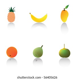 Tropical fruits with dramatic drop shadows, pineapple, banana, mango, orange, guava, and calamondin, vector illustration
