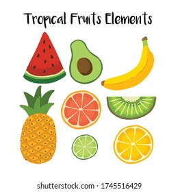 Tropical fruits elements collection include watermelon, avocado, banana, pineapple, orange, lime and kiwi vector illustrations with colorful flat design style.