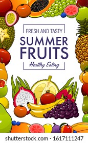 Tropical fruits, farm market organic natural healthy food. Vector exotic summer fruits harvest, banana and papaya, grape and tangerine, pineapple, pithaya dragonfruit and apricot, guava and jackfruit