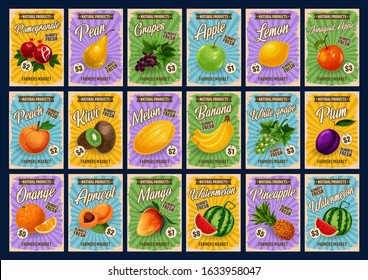 Tropical fruits farm market price list cards. Vector natural apple, pear and pomegranate, lemon and orange citrus fruits, exotic mango and watermelon, apricot and pineapple, banana and grape with plum