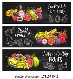 Tropical Fruits Farm Market, Vector Sketch Banners, Natural Organic Fruit Food. Exotic Papaya, Mango And Durian, Tropic Pitaya Dragonfruit And Carambola Starfruit, Guava, Figs, Mangosteen And Rambutan