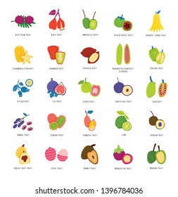 Tropical fruits flat illustrations set. Exotic organic dessert slices. Summer delicacy vector drawing pack. Juicy vegetarian meal isolated cliparts with names. Natural fresh vitamin food