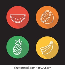 Tropical fruits flat linear icons set. Pineapple, banana, watermelon slice and orange half symbols. Long shadow outline logo concepts. Vector color line art illustrations