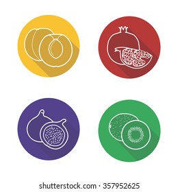 Tropical fruits flat linear long shadow icons set. Apricot half, pomegranate slice, fig and kiwi symbols. Outline logo concepts. Vector line art illustrations