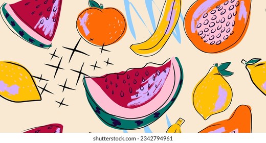 Tropical fruits. Flat style illustration. Vector seamless pattern.