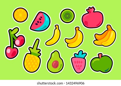Tropical fruits flat vector set. Pineapple, strawberry, pomegranate. Vector stickers set on orange