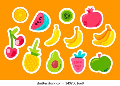 Tropical fruits flat vector set. Pineapple, strawberry, pomegranate. Vector stickers set on orange