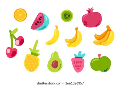 Tropical fruits flat vector set. Pineapple, strawberry, pomegranate. Vector stickers set on orange