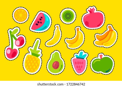 Tropical fruits flat vector set. Pineapple, strawberry, pomegranate. Vector stickers set on orange