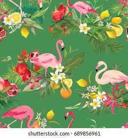 Tropical Fruits, Flowers and Flamingo Birds Seamless Background. Retro Summer Pattern in Vector