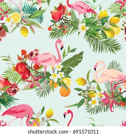 Tropical Fruits, Flowers and Flamingo Birds Seamless Background. Retro Summer Pattern in Vector