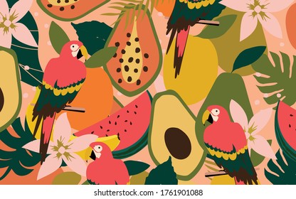 Tropical fruits, flowers and leaves background with parrots. Colorful summer vector illustration design. Exotic tropical art print for travel and holiday, fabric and fashion