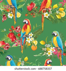 Tropical Fruits, Flowers and Parrot Birds Seamless Background. Retro Summer Pattern in Vector