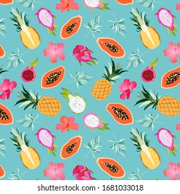 Tropical fruits and flowers pattern seamless. Exotic fruit collection on turquoise. Dragon fruit, pineapple, papaya and hibiscus flowers. Hawaiian island sweet paradise. Honeymoon. Web, print design.