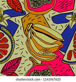 Tropical fruits and flowers, seamless pattern design.