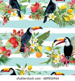 Tropical Fruits, Flowers and Toucan Birds Seamless Background. Retro Summer Pattern in Vector